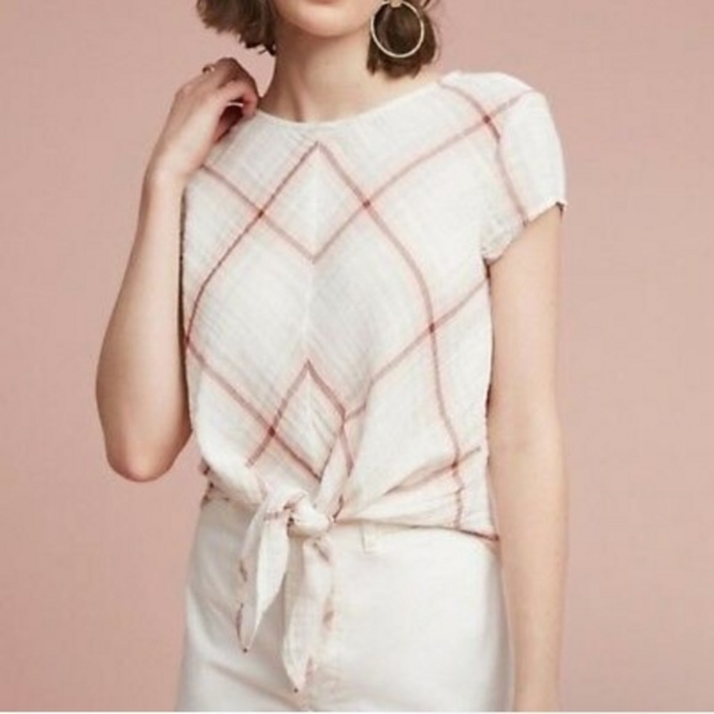 Anthropologie Cloth & Stone Orange Striped Cotton‎ Blouse with Tie Front
